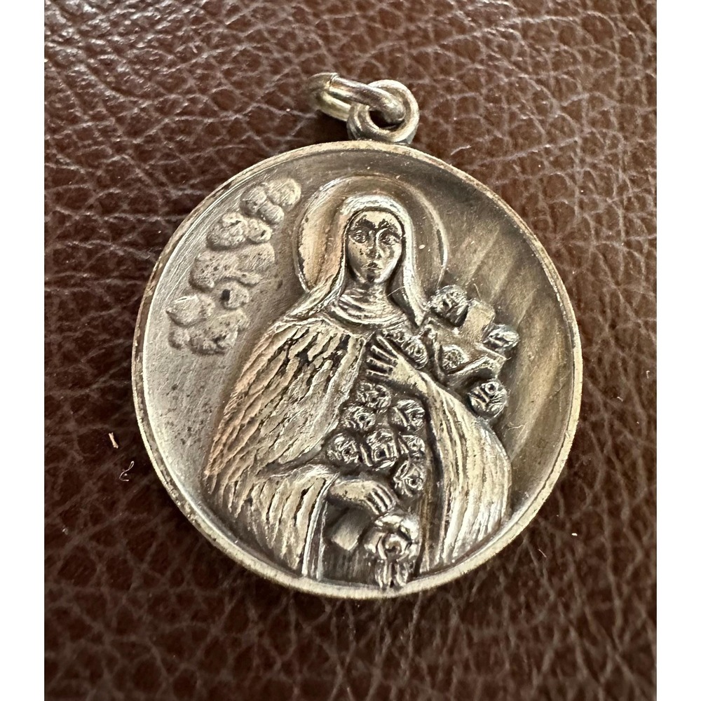 Vintage Creed Silver‎ Religious Medal Pendant St Theresa